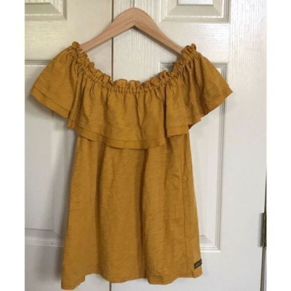 Matilda Jane Fast Lane Top Marigold Yellow Ruffle Off The Shoulder Blouse Size X - Picture 7 of 8